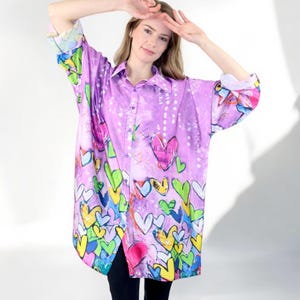 Womens Oversized Baggy Button Down Digital Print Shirt Blouse Tunic Top with Collar | One Size Fits All