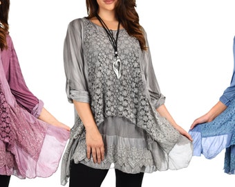 Women Plus Size 2 Piece Lace Top, Women Lace tunic,  2pc tunic set, Top + Vest Set