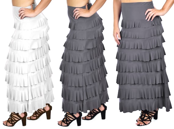 Women Waterfall Ruffled 8 Tiered Boho Layered Maxi Skirt