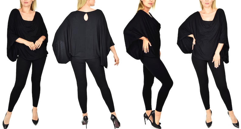 K&ouml;nnte beinhalten: Ein schwarzes, lang&auml;rmliges, drapiertes Oberteil mit einem Schl&uuml;ssellochausschnitt im R&uuml;cken. Das Oberteil wird mit schwarzen Leggings und schwarzen Schuhen kombiniert.