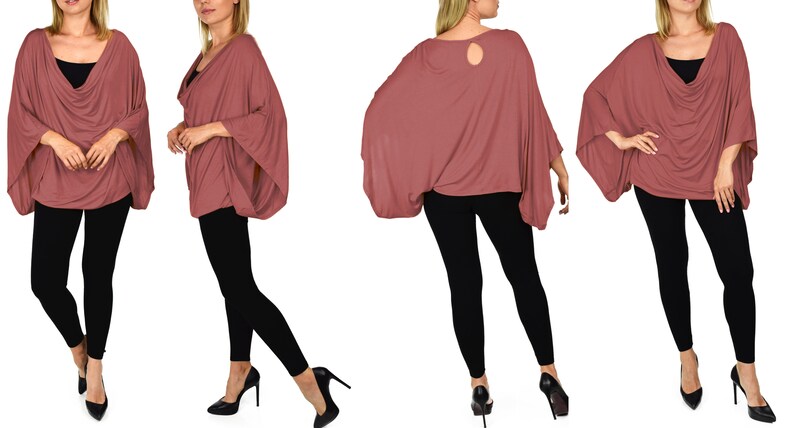 K&ouml;nnte beinhalten: Ein locker sitzendes, lang&auml;rmliges Oberteil in Mauve mit einem Rollkragen und einer Schl&uuml;ssellochausschnitt am R&uuml;cken. Das Oberteil wird mit einer schwarzen Leggings und schwarzen High-Heel-Schuhen getragen.
