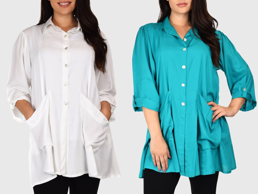Women Plus Size Button Down Tunic Blouse Shirt With Roll up Sleeves and