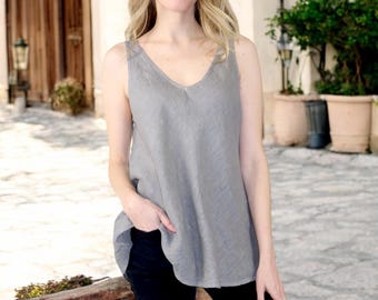 Womens Linen V-Neck Biased Cut Sleeveless Tank Top Tunic Blouse