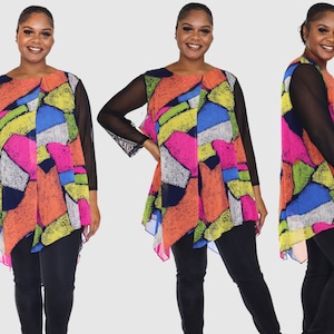 Women Plus Size Newspaper Print Tunic Blouse Top with Asymmetrical Hem, Semi Sheer Made in USA