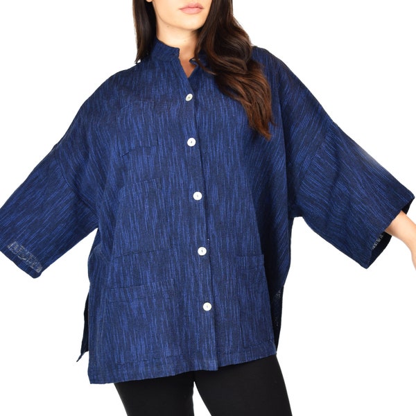 Women Plus Size Organic Flax Cotton Loose Fitting Baggy Button Down Tunic Shirt Top, Multiple Pockets, For Casual, Work, Travel, (Fits L-5X)