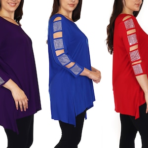 Womens Cold Shoulder Tunic Blouse Top with Cut Out Sleeves and Rhinestone Sleeves | Reg and Plus Sizes