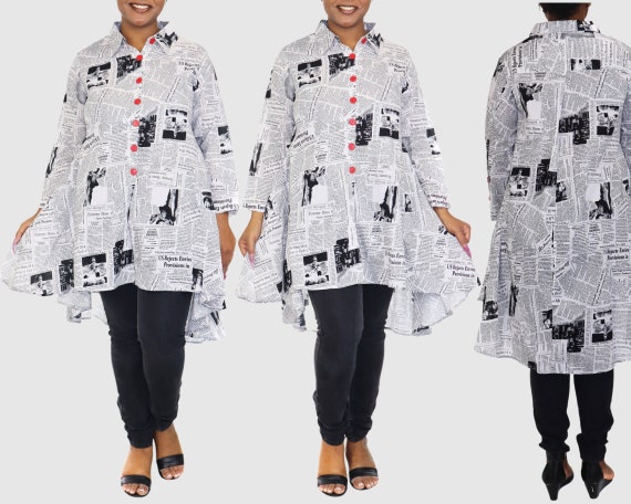 Women High Low Newspaper Print Button Down A Line Swing