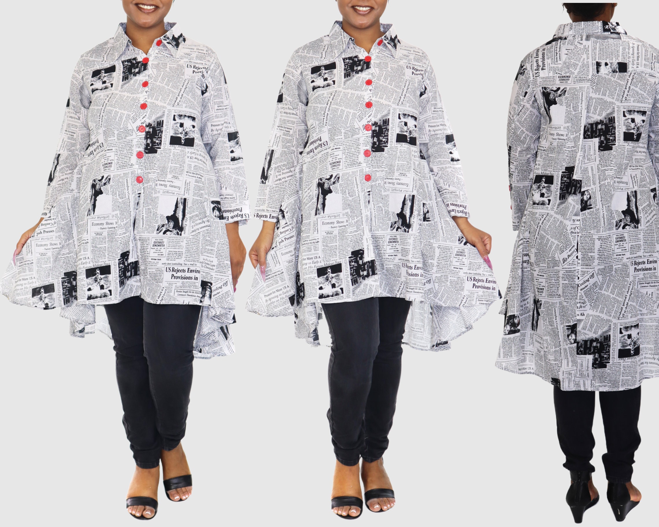 Women High Low Newspaper Print Button Down A Line Swing