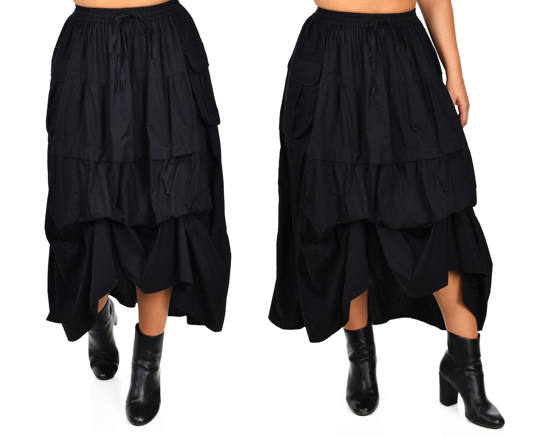 Women Black Plus Size Broomstick Skirt, 3 Tiered Midi Ruffle Skirt Etsy