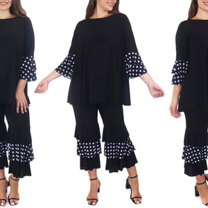 Womens 2 Piece Ruffled Polka Dot Top and Pants Set, Regular and Plus Sizes, Handmade in USA