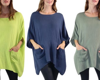 Cotton Gauze Asymmetric Oversize Tunic Top | One Size Fits all (S-XL)