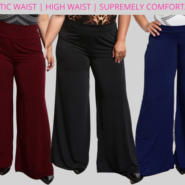 Women Plus Size Pants, High Waist  Pants, Wide Leg Pants,  Long Dress Pants with Elastic Waist, Sizes 1X-6X, Handmade in USA