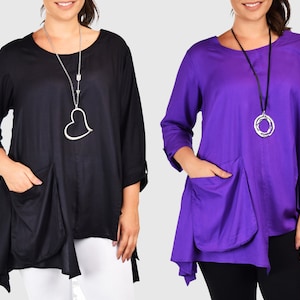 Women Plus Size Artsy Quirky Hi Lo Fishtail Blouse Tunic Top with Side Pockets, Handmade in USA