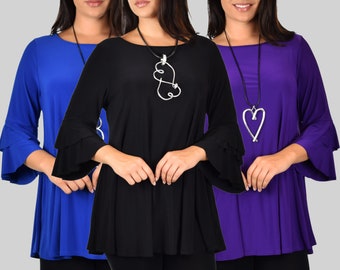 Dam Plus Size Volangärmad Babydoll Tunika Blus Skjorttopp, Handgjord i USA