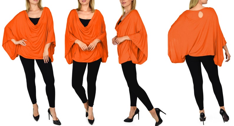 K&ouml;nnte beinhalten: Ein leuchtend orangefarbenes, locker sitzendes, lang&auml;rmeliges Oberteil mit einem Schalkragen. Das Oberteil wird an vier Models gezeigt, die schwarze Leggings und hohe Abs&auml;tze tragen.