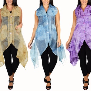 Women High End Jacket, Lagenlook Jacket, Organza Jacket, Long Vest, Asymmetrical vest with button down front. Fits M to 1XL