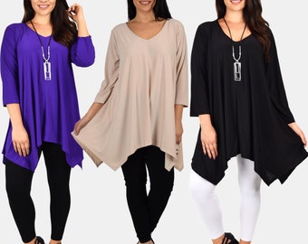 Womens Plus Size Top Tunic Blouse With Side Pockets and Flared Swing Hem, One Size Fits 1X-3X