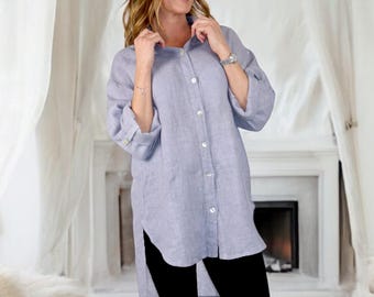 Womens 100% Linen Breathable Button Down Dress Tunic Shirt Top w/Roll Up Sleeves
