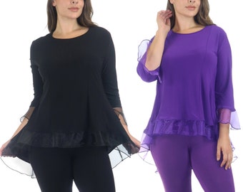 Womens High Low Tunic Blouse Top with Organza Sleeves and Hemline, Regular and Plus Sizes