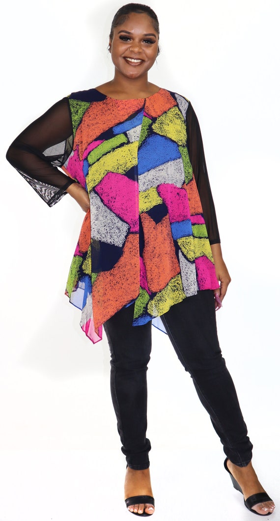 Women Plus Size Newspaper Print Tunic Blouse Top With