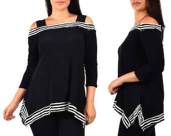 Womens 2 Tone Cold Shoulder 3/4 Sleeve Tunic top with Shoulder Cut Out Details
