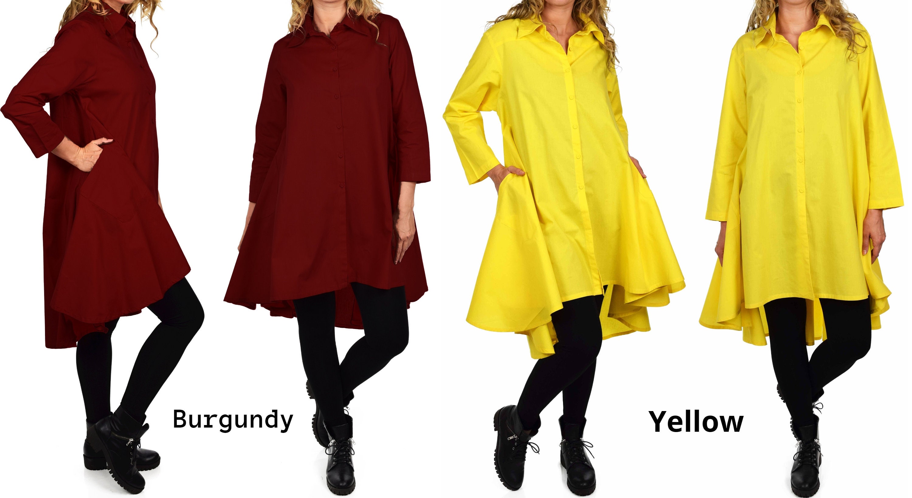 Women High Low Button Down A Line Swing Dress Shirt Top With Side ...