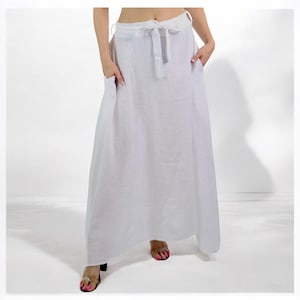 Linen Flowy Uneven Slanting Hemline Bohemian Maxi A Line Skirt with Drawstring | One Size Fits All (S-XL)