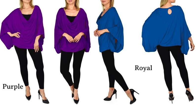 K&ouml;nnte beinhalten: Vier Models tragen ein drapiertes, locker sitzendes, lang&auml;rmeliges Oberteil mit einem Schalkragen. Das Oberteil ist in Lila und Royalblau erh&auml;ltlich. Die Models tragen schwarze Leggings und hohe Abs&auml;tze.
