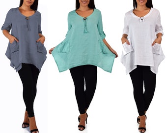 Womens Linen Loose Fit Oversized Tunic Blouse Top with Front Pockets and Asymmetrical Hem, Regular and Plus Sizes