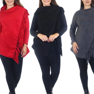 Fleece Sleeved Shawl Wrap Fringed Poncho,, Poncho for Cold Weather, Cozy Versatile Poncho, MADE IN USA