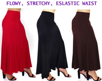 Women's Flowy Stretchy Midi Maxi Skirt,  A-Line Swing Skirt, Elasticated Waist, Reg and Plus Sizes, Dance skirt, party skirt