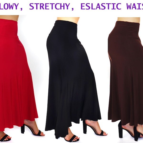 Women's Flowy Stretchy Midi Maxi Skirt,  A-Line Swing Skirt, Elasticated Waist, Reg and Plus Sizes, Dance skirt, party skirt