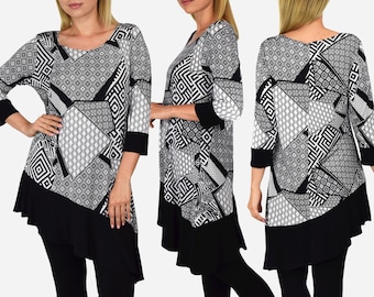 Womens Black and White Abstract Print Tunic Blouse Shirt Top, REG & PLUS SIZES