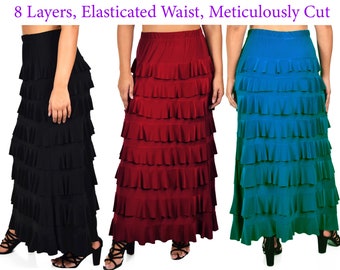 Women Waterfall Ruffled 8 Tiered Boho Layered Maxi Skirt, Regular and Plus Sizes