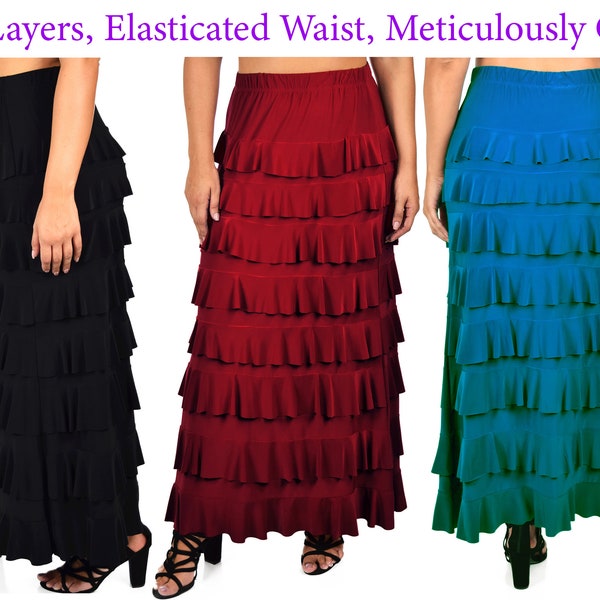 Women Waterfall Ruffled 8 Tiered Boho Layered Maxi Skirt, Regular and Plus Sizes