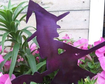 Metal Flying Witch Garden Stake - Halloween Yard Art