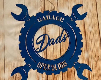 Dad's Garage Metal Sign: Open 24 Hours, Wall Art (16")