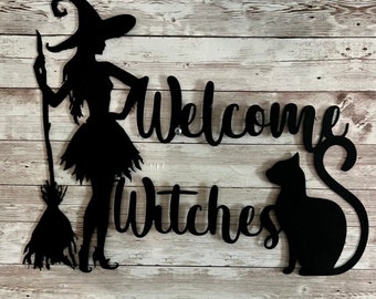 Welcome Witches Wall Hanging, Halloween Door Decor, Wall hanging, CNC Metal Sign, Witch, Cat