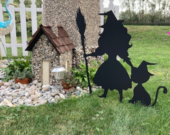 18" Witch with Cat, Metal, CNC Plasma Cut, Cute Witch, Halloween Yard Art, Witch Decor, Lawn Decor, Fall Decor