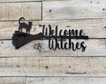 Welcome Witches Wall Hanging, Halloween Door Decor, Wall hanging, CNC Metal Sign, Witch, Cat