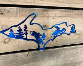 Michigan Upper Peninsula, Metal Wall Hanging, Wall Decor, Snowmobile, Trees, CNC Plasma Cut, Michigan Made, Snow, Michigan Art, Barrlily