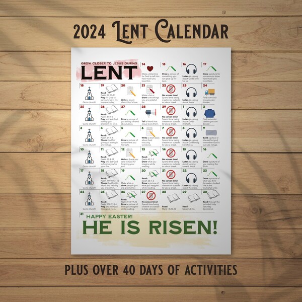 Lent Calendar 2024 | Easter Countdown | Kids and Family Lent Activity Guide | Christian Bible Lesson | Catholic Lenten Activities