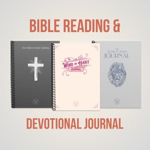 May include: Three spiral bound journals with the title "The Word in Habit Journal" on the front cover. The covers are gray, pink, and light gray. The gray cover has a cross, the pink cover has a floral design, and the light gray cover has a lion's head. The text "BIBLE READING & DEVOTIONAL JOURNAL" is printed below the journals.