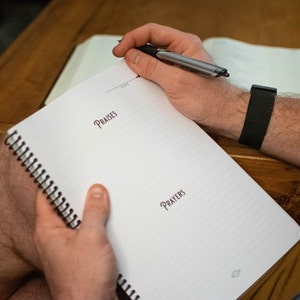 May include: A white spiral bound notebook with the words "PRAISES" and "PRAYERS" written on the pages. A person is holding a pen and writing in the notebook.