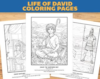 May include: Coloring pages titled "Life of David" featuring illustrations of biblical scenes. One page depicts David as a shepherd boy, another shows David playing a harp, and a third shows David facing Goliath. The pages are black and white line drawings.