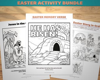 May include: Black and white printable coloring pages for kids featuring Easter themes. The pages include images of Jesus praying, the empty tomb, and a sequence of scenes from the Easter story. The pages also include the Easter memory verse "He Has Risen!" and a scripture reference.