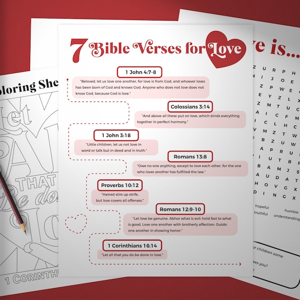 7 Bible Verses for Love | Printable Devotional and Activity Guide | Family, Kids, and Homeschool Bible Study | Scripture Memory Guide