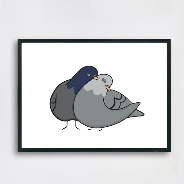 Impression d'art minimaliste de dessin animé de pigeons amoureux - humour, art comique numérique, oiseau