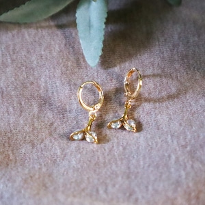 Dainty Gold Mermaid Tail Huggie Earrings with Cubic Zirconia stones, Handmade Drop Hoop Earrings