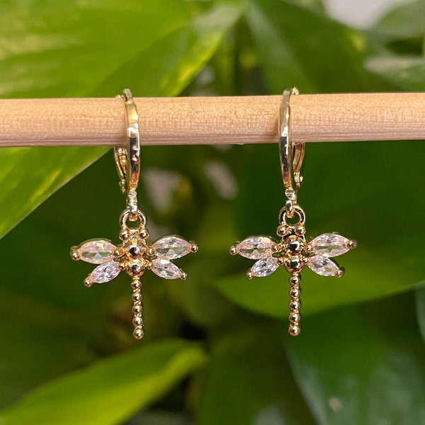 Gold Dragonfly Huggie Earrings Cubic Zirconia, Handmade Drop Hoop Earrings